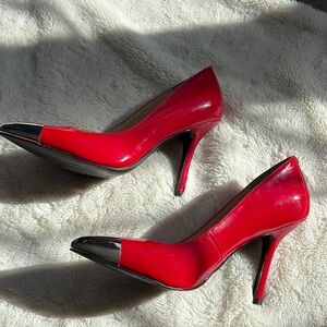 GUESS Red Patent Glossy Silver Toe Heels | Bold Date Night Pumps | Size 6